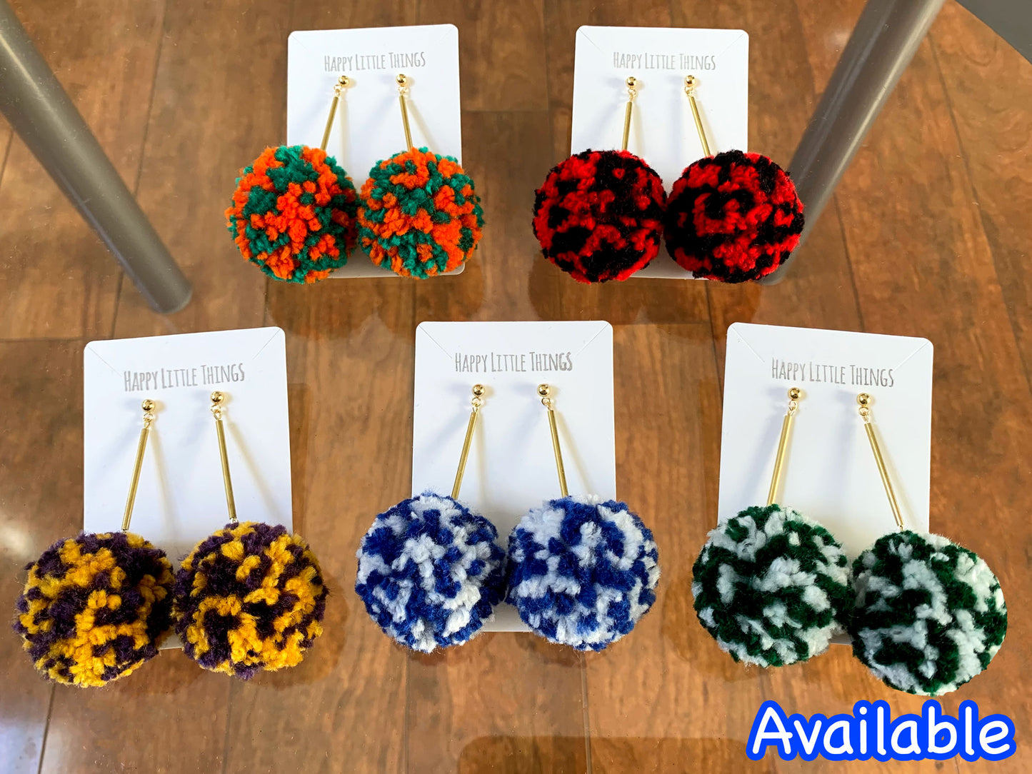 Handmade Pom Pom Dangle Earrings, Pom Pom Brass Tube Earrings, Fun Party Earrings, Colorful Yarn Earrings, Made to Order Earrings, Free Gift