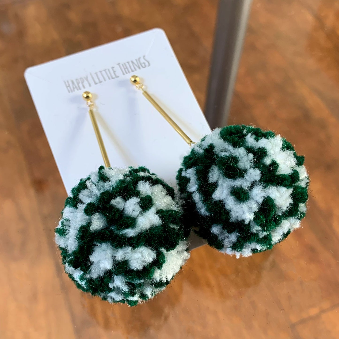 College Cheerleader Dangle Earrings, Handmade Pom Pom Drop Earrings, Pom Pom Brass Tube Earrings, School Game Day Earrings, Free Gift