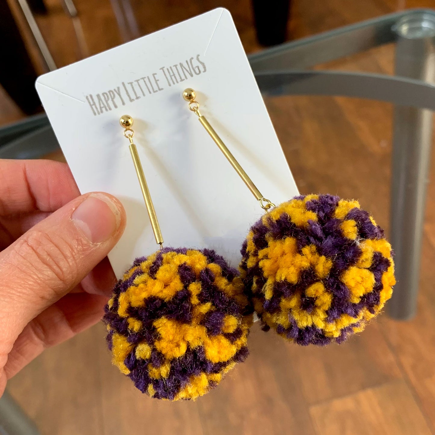 College Cheerleader Dangle Earrings, Handmade Pom Pom Drop Earrings, Pom Pom Brass Tube Earrings, School Game Day Earrings, Free Gift