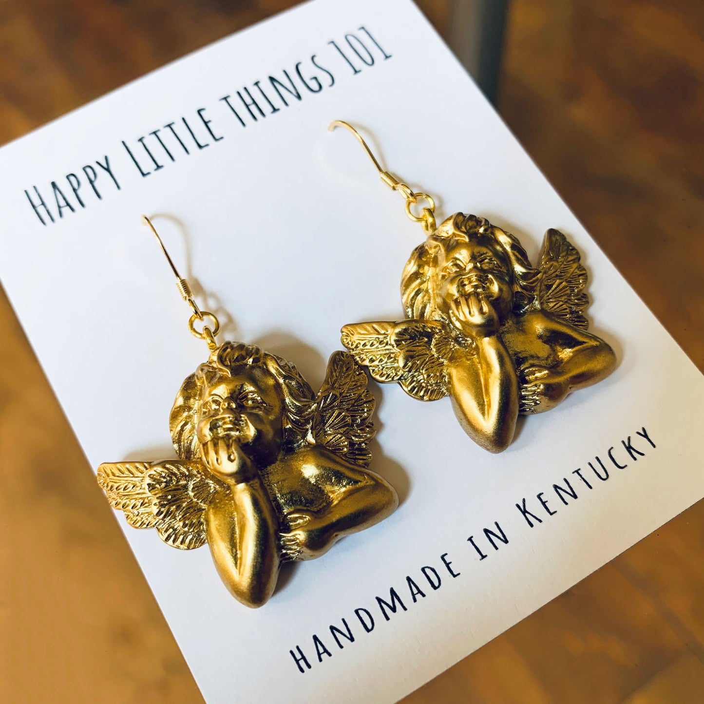 Gold Cupid Angel Dangle Earrings, Angel Statue Drop Earrings, Baroque Angel Earrings, 18K Gold Plated Hooks, Free Gift