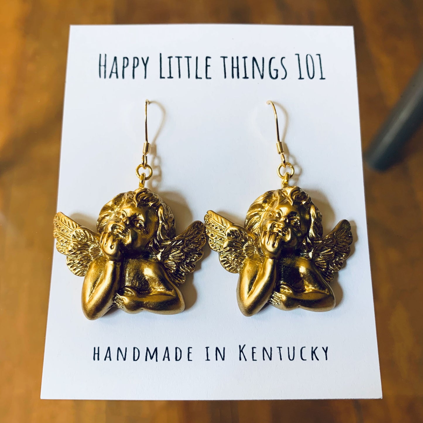 Gold Cupid Angel Dangle Earrings, Angel Statue Drop Earrings, Baroque Angel Earrings, 18K Gold Plated Hooks, Free Gift