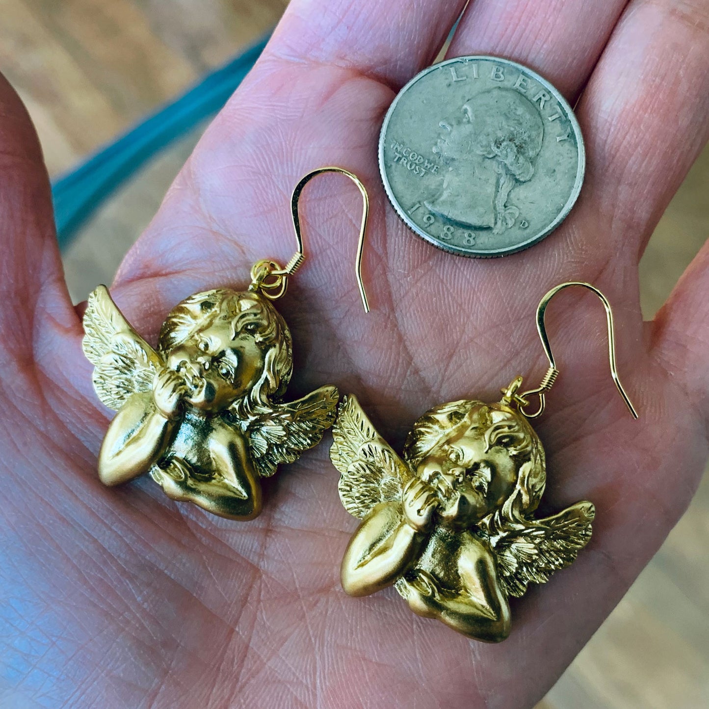 Gold Cupid Angel Dangle Earrings, Angel Statue Drop Earrings, Baroque Angel Earrings, 18K Gold Plated Hooks, Free Gift