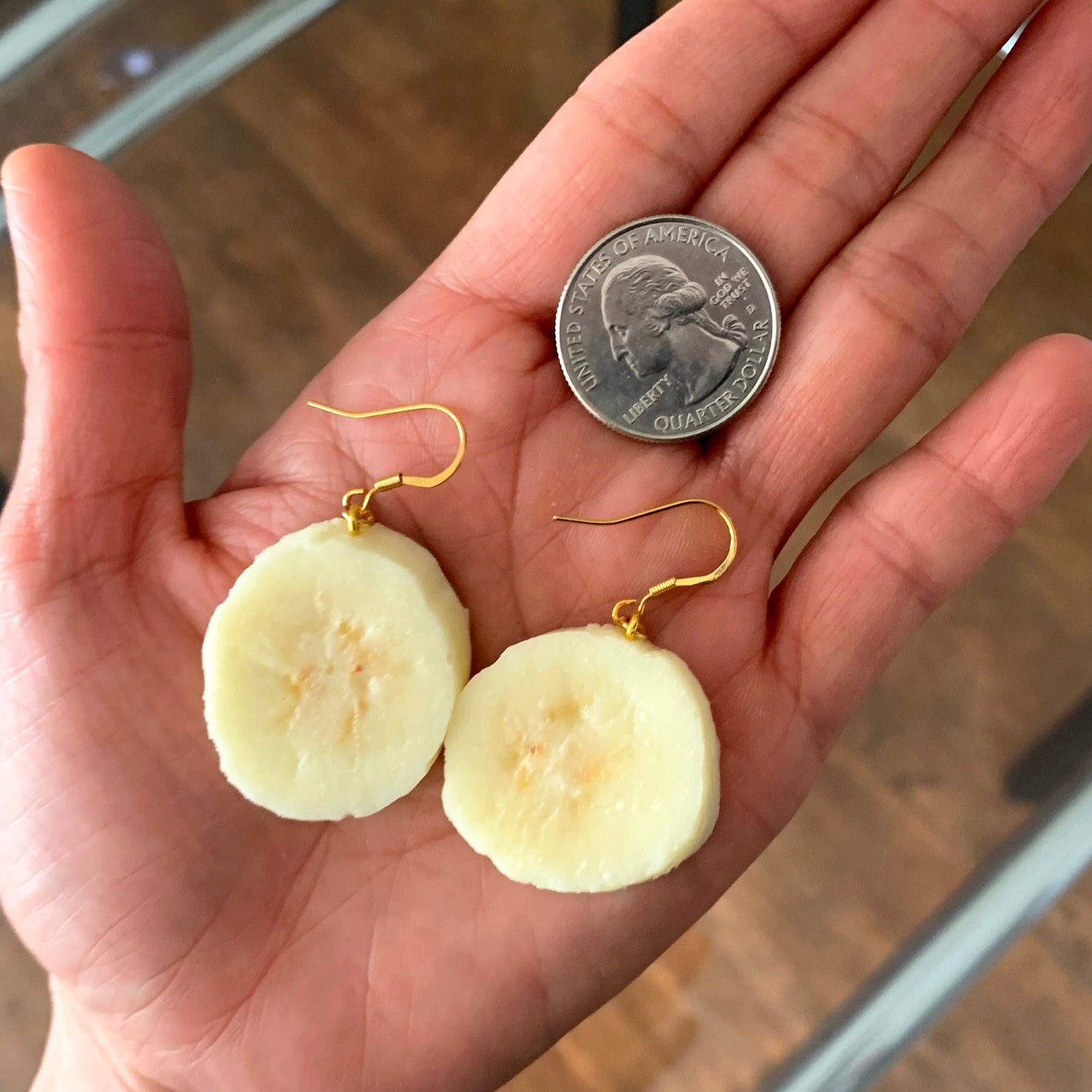 Banana Slice Earrings/Faux Banana Slice Charm/Fruit Accessories/Fun Party Earrings/Silly Gift for Her/18K Gold Plated/Free Gift Box