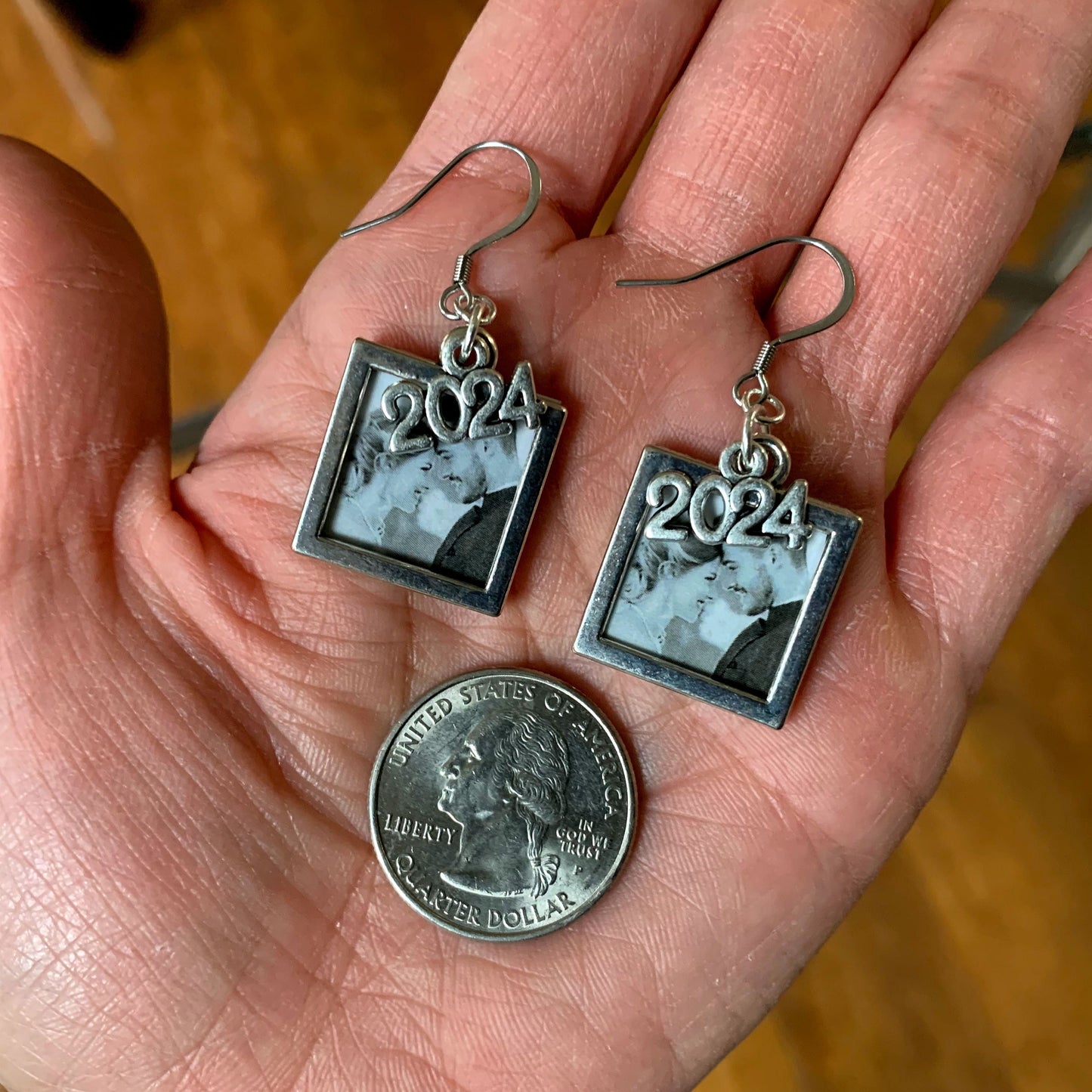 Custom Photo Earrings with 2024 silver charms/Silver Frame Earrings/Wedding & Graduation Earrings/Quality Stainless Hooks/Free Gift Box