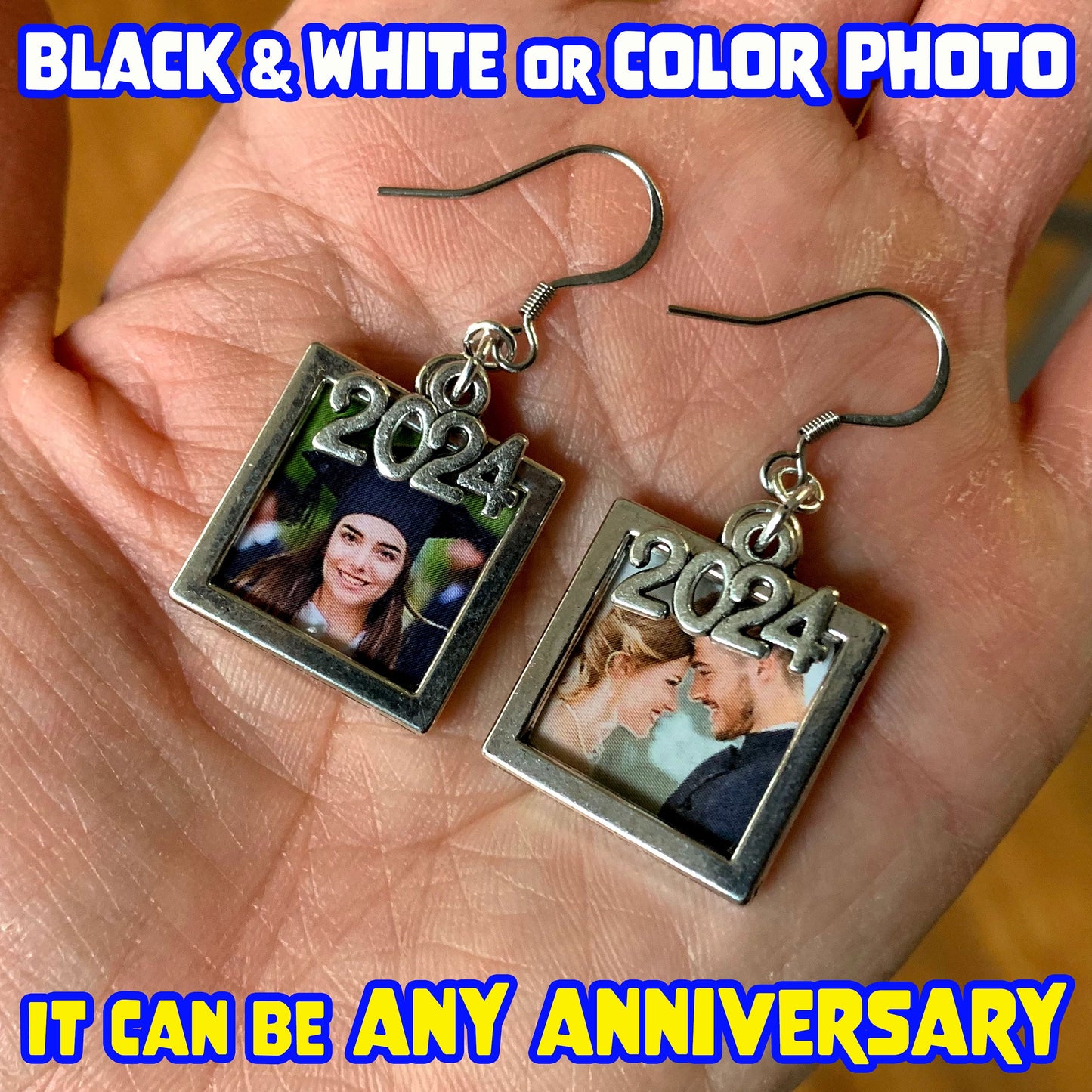 Custom Photo Earrings with 2024 silver charms/Silver Frame Earrings/Wedding & Graduation Earrings/Quality Stainless Hooks/Free Gift Box
