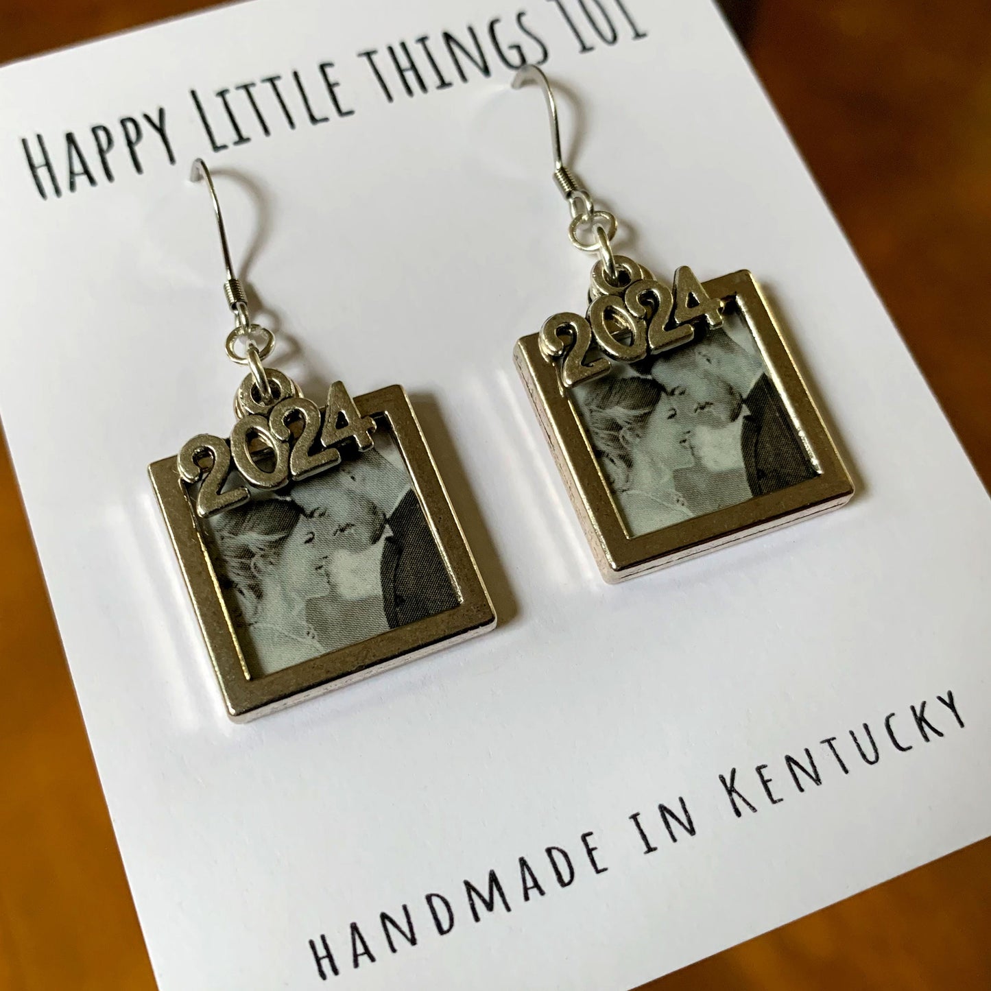 Custom Photo Earrings with 2024 silver charms/Silver Frame Earrings/Wedding & Graduation Earrings/Quality Stainless Hooks/Free Gift Box