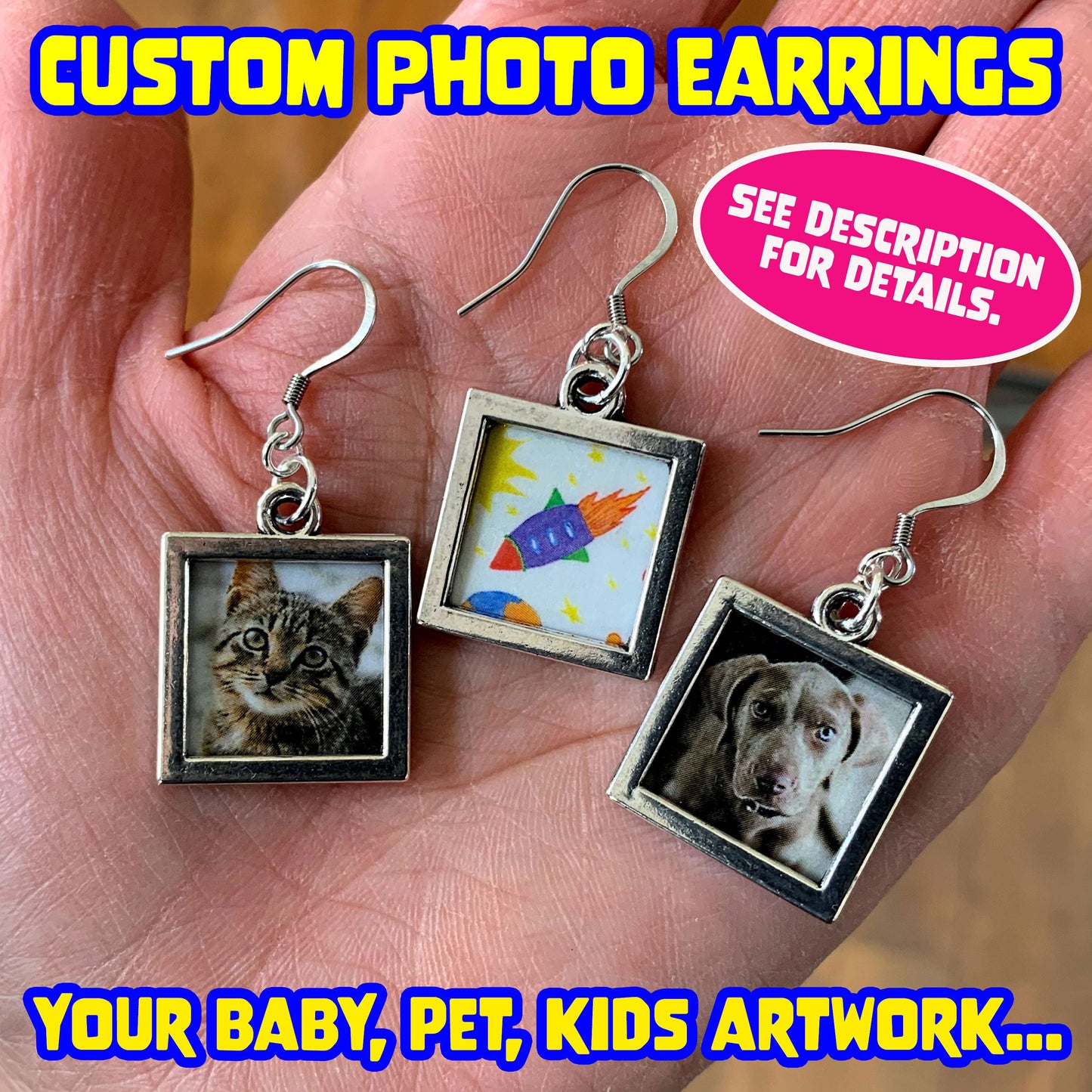 Custom Photo Earrings with 2024 silver charms/Silver Frame Earrings/Wedding & Graduation Earrings/Quality Stainless Hooks/Free Gift Box