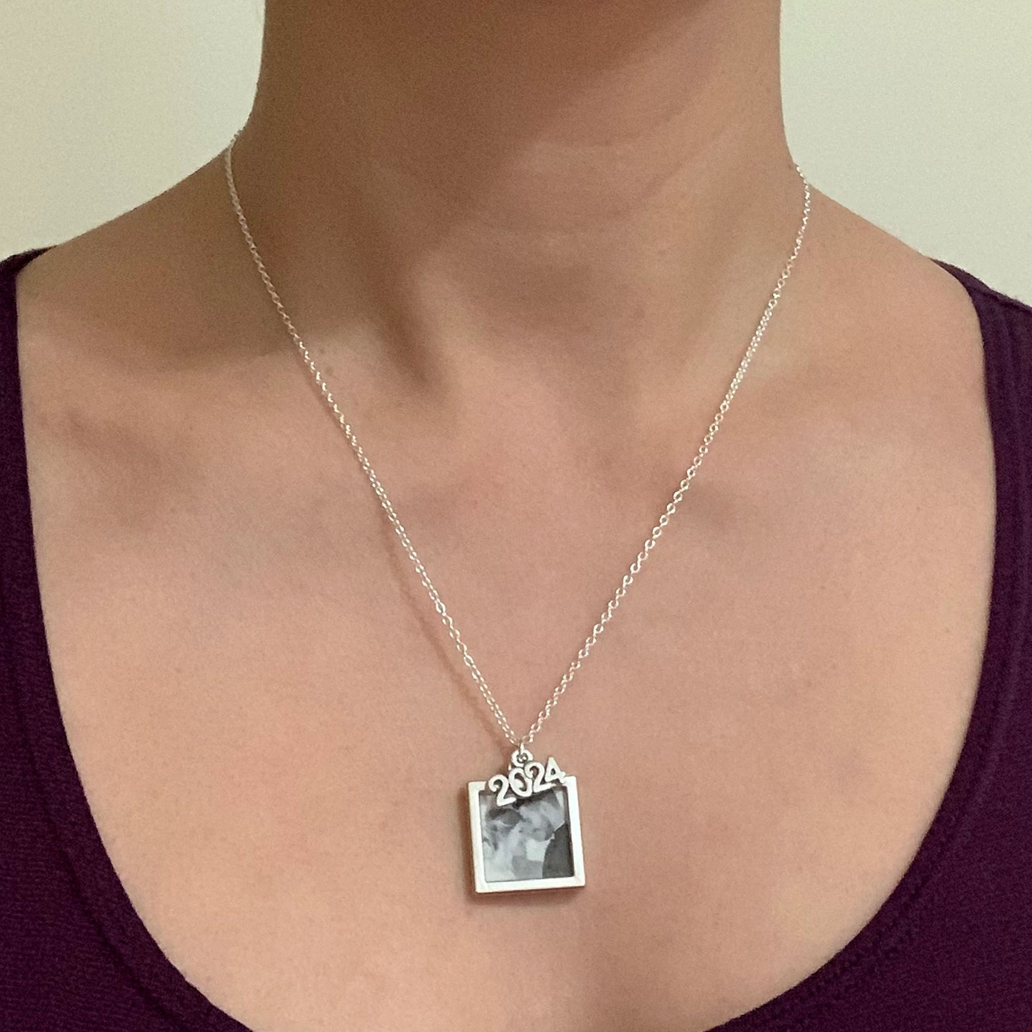 Personalized Silver Necklace/Custom Photo Necklace/Silver Frame Charm/Gift for Wedding & Graduation/One Size 18 inch Necklace/Free Gift Box
