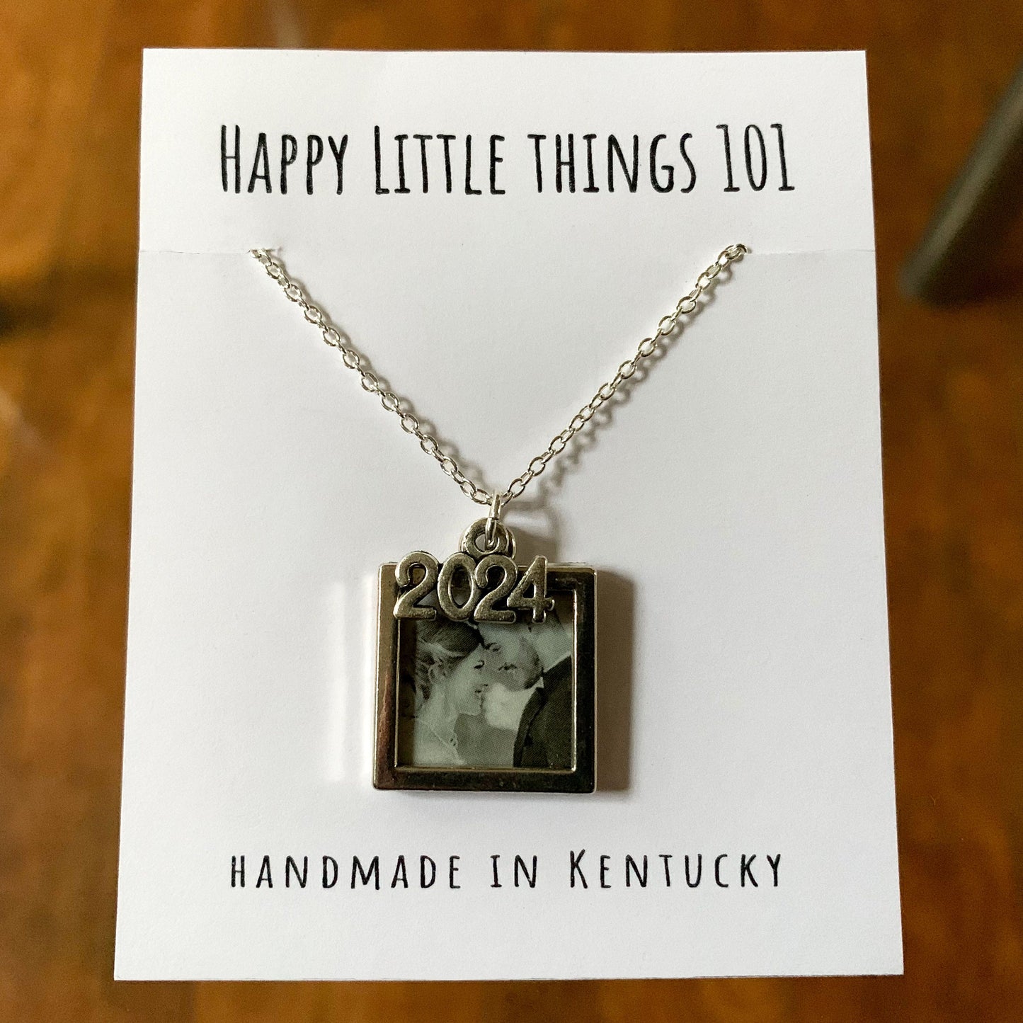 Personalized Silver Necklace/Custom Photo Necklace/Silver Frame Charm/Gift for Wedding & Graduation/One Size 18 inch Necklace/Free Gift Box