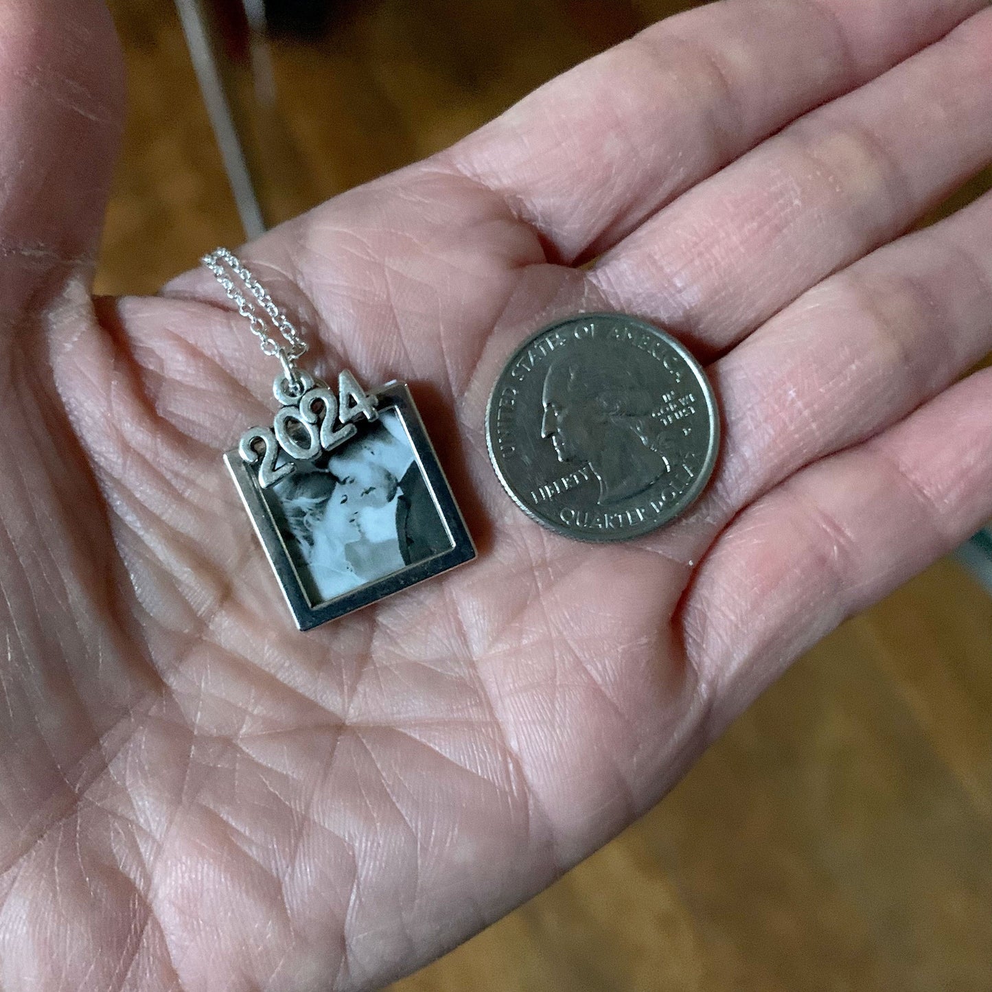 Personalized Silver Necklace/Custom Photo Necklace/Silver Frame Charm/Gift for Wedding & Graduation/One Size 18 inch Necklace/Free Gift Box