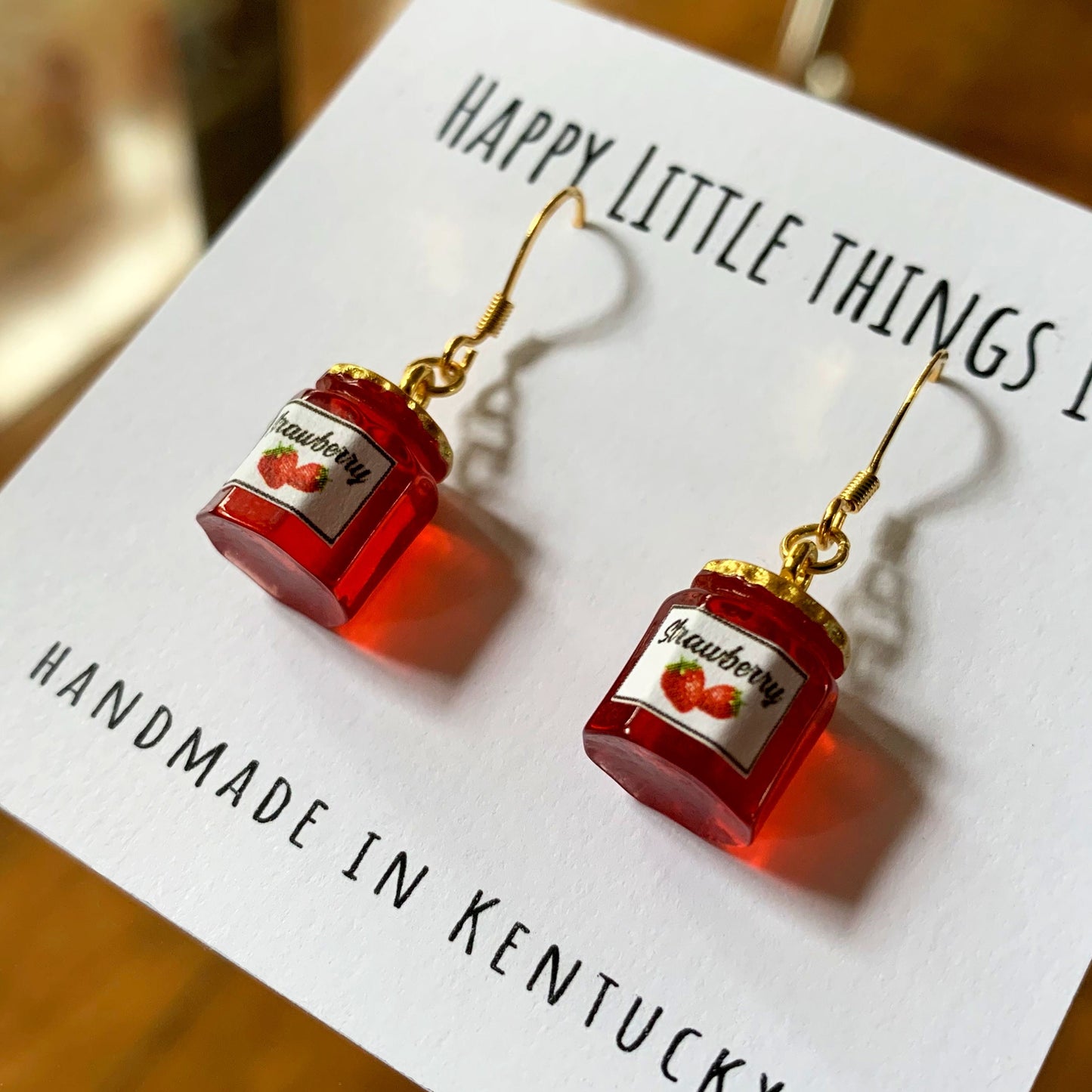 Strawberry Jam Jar Drop Earrings/Faux Jam Earrings/Food Accessories/Strawberry Jam Lover Gift for Her/Gold Plated/Free Gift Box