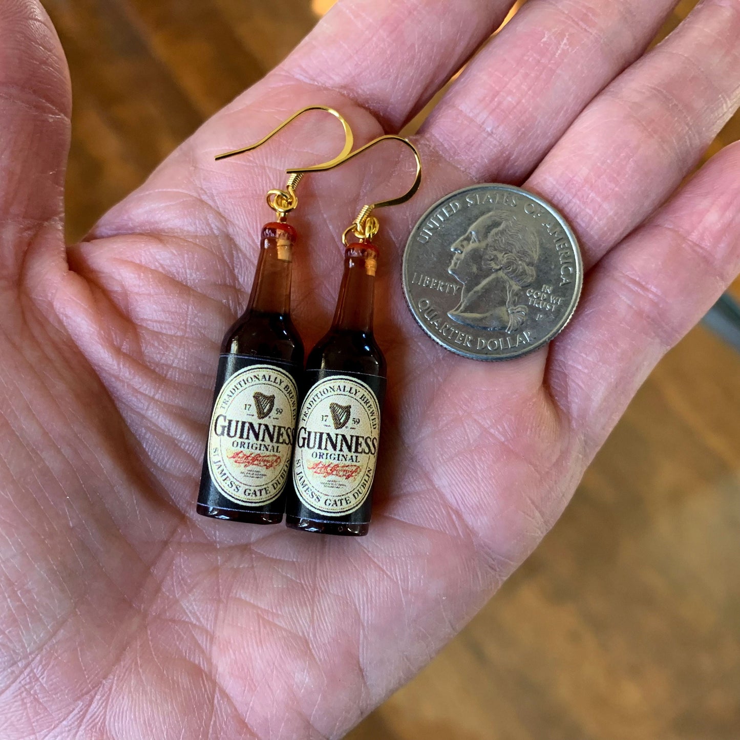 Guinness Beer Bottle Earrings/Miniature Beer Earrings/Drink Earrings/Fun Earrings/Beer Lover Gift for Her/18K Gold Plated/Free Gift Box
