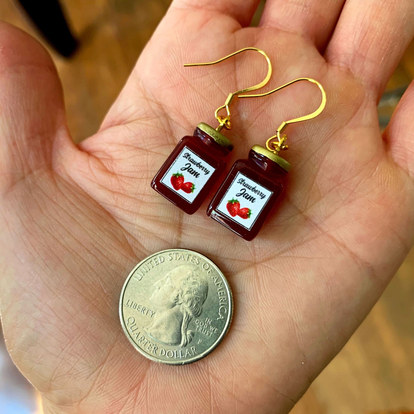 Strawberry Jam Large Jar Drop Earrings/Faux Jam Earrings/Food Accessories/Strawberry Jam Lover Gift for Her/Gold Plated/Free Gift Box