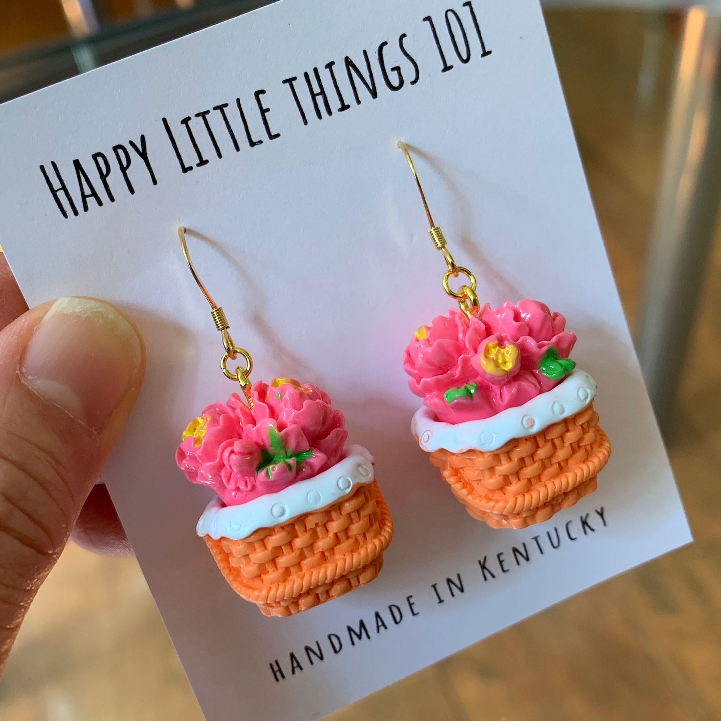Flower Basket Drop Earrings, Flower Bouquet Dangle Earrings, Flower Lover Gifts, Sunflower, Tulip, Rose, Peony Earrings, 18K Gold Plated