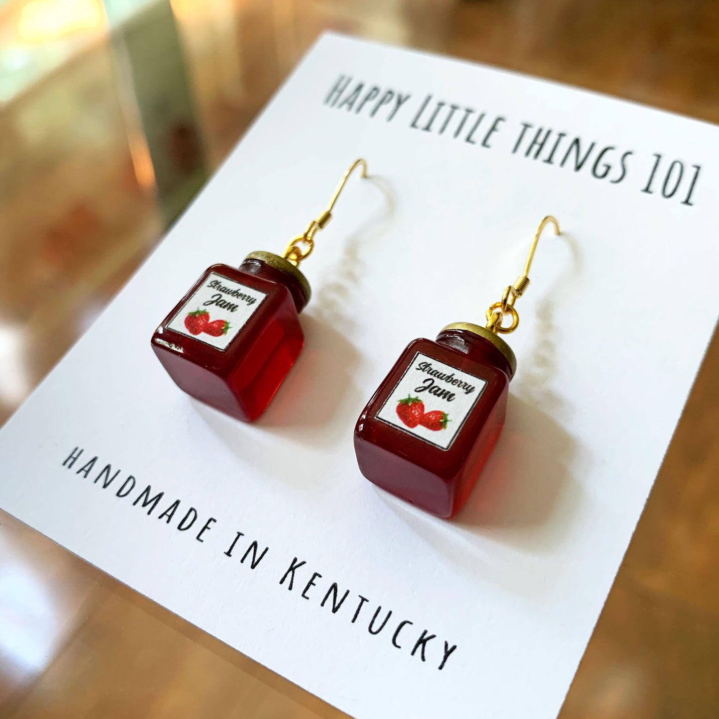 Strawberry Jam Large Jar Drop Earrings/Faux Jam Earrings/Food Accessories/Strawberry Jam Lover Gift for Her/Gold Plated/Free Gift Box