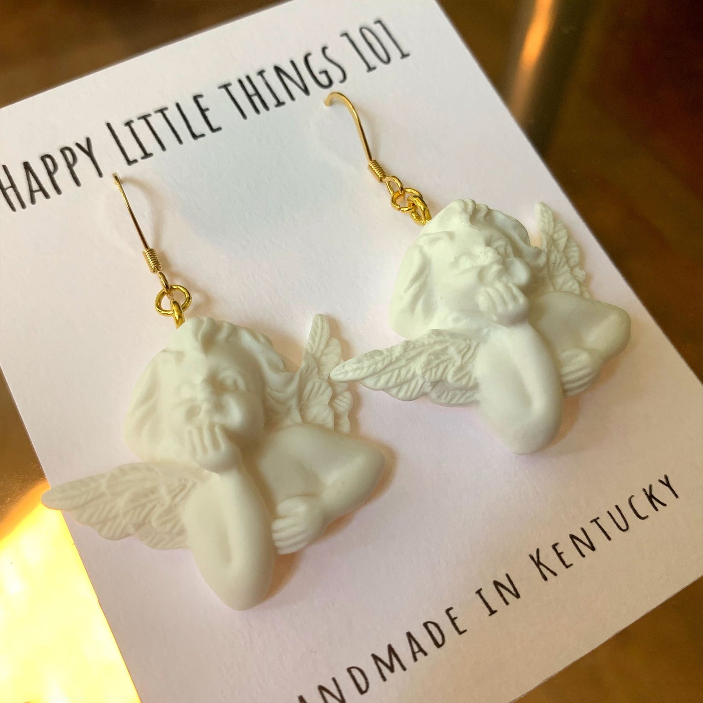 White Cupid Angel Dangle Earrings, Angel Statue Drop Earrings, Baroque Angel Earrings, 18K Gold Plated Hooks, Free Gift