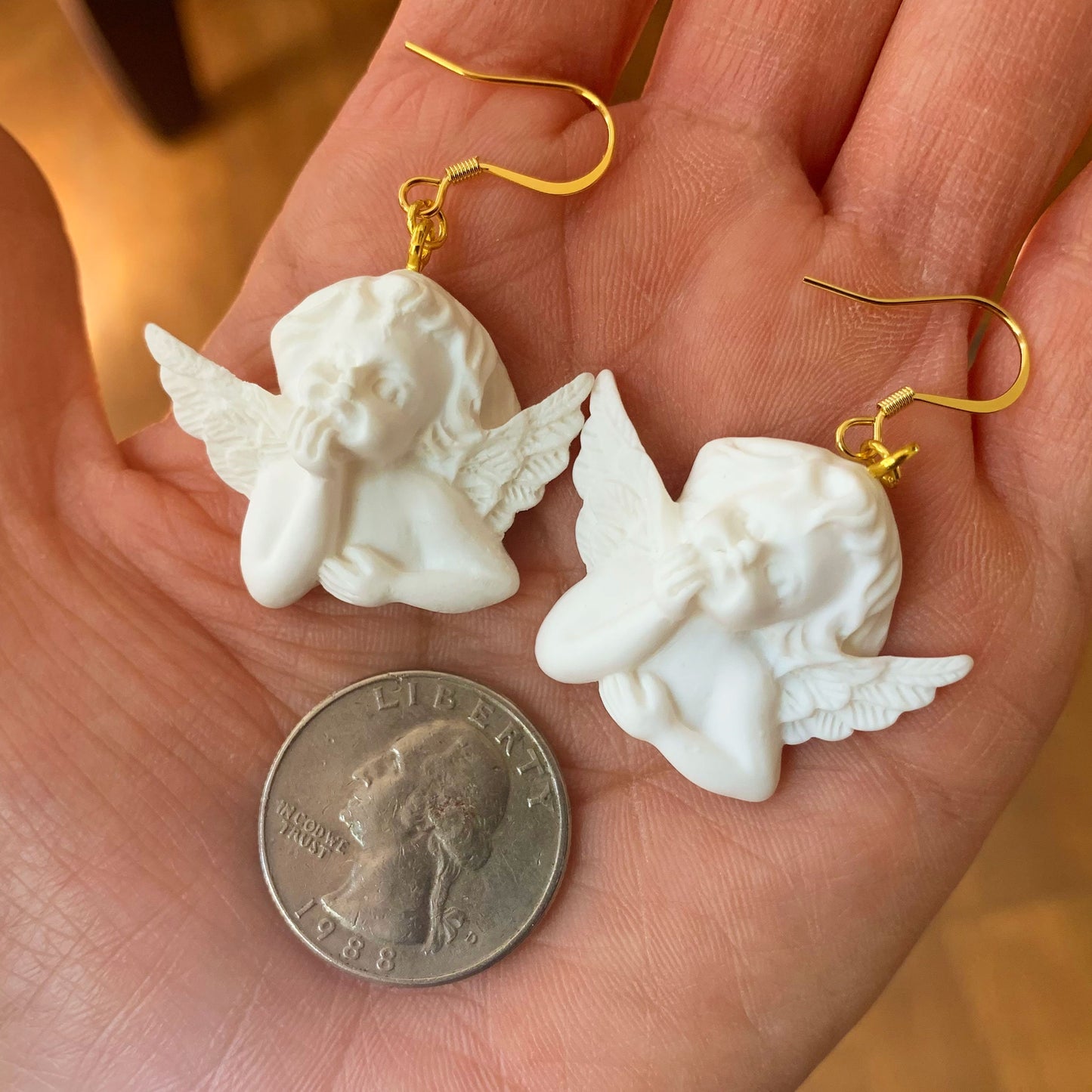 White Cupid Angel Dangle Earrings, Angel Statue Drop Earrings, Baroque Angel Earrings, 18K Gold Plated Hooks, Free Gift