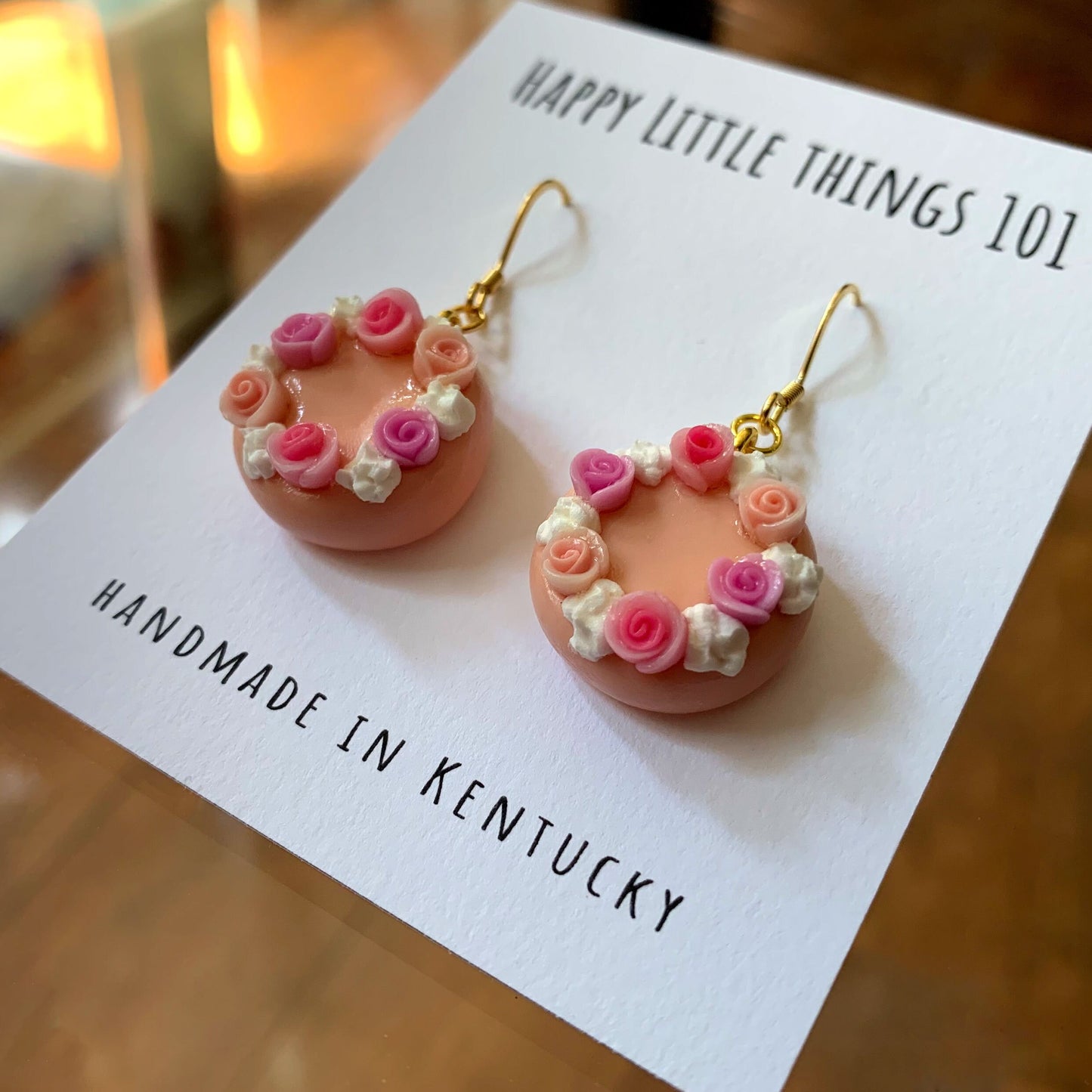 Pink Rose Cake Drop Earrings, Miniature Cake Dangle Earrings, Rose Cake Earrings, Pastel Pink Cake Earrings, 18K Gold Plated, Free Gift