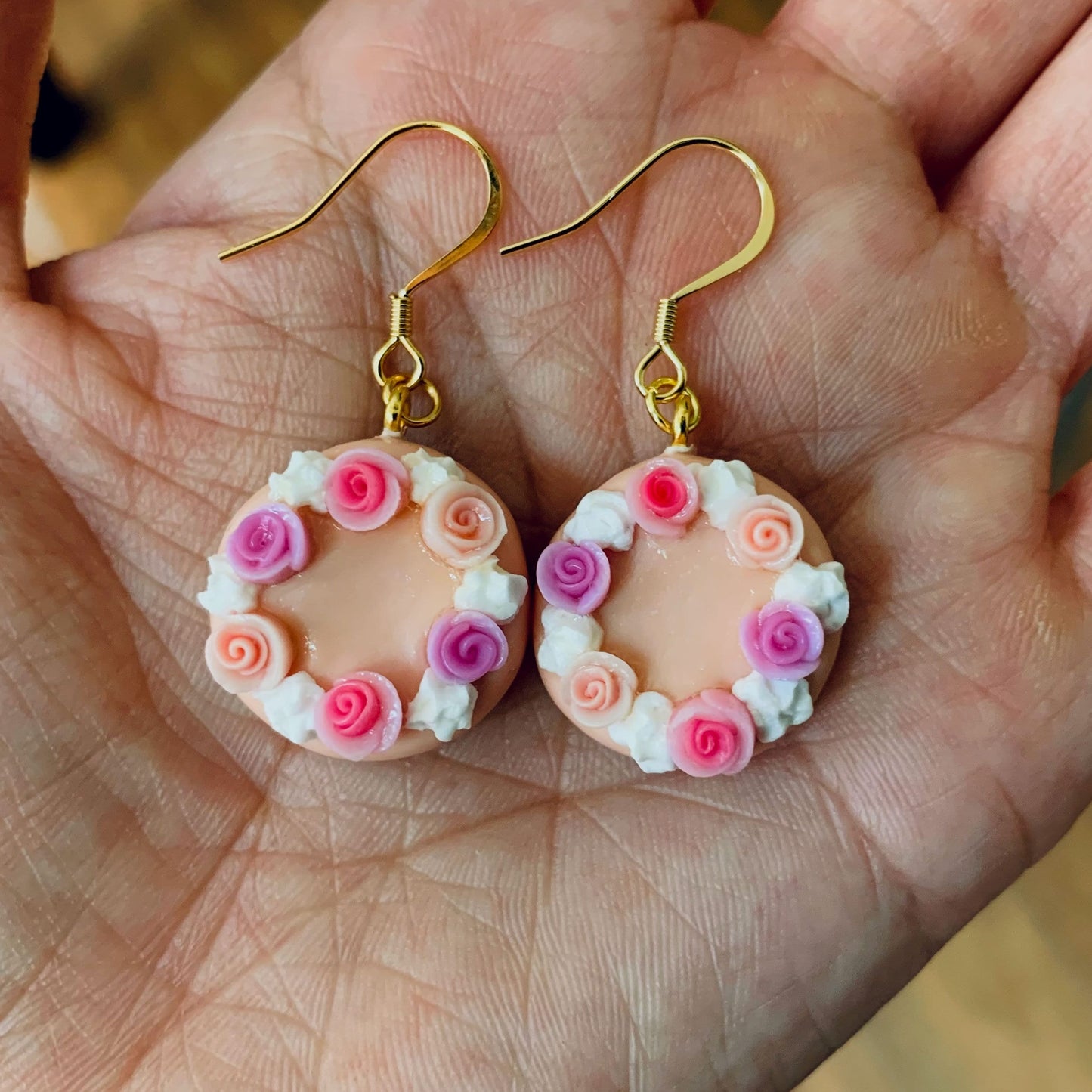 Pink Rose Cake Drop Earrings, Miniature Cake Dangle Earrings, Rose Cake Earrings, Pastel Pink Cake Earrings, 18K Gold Plated, Free Gift