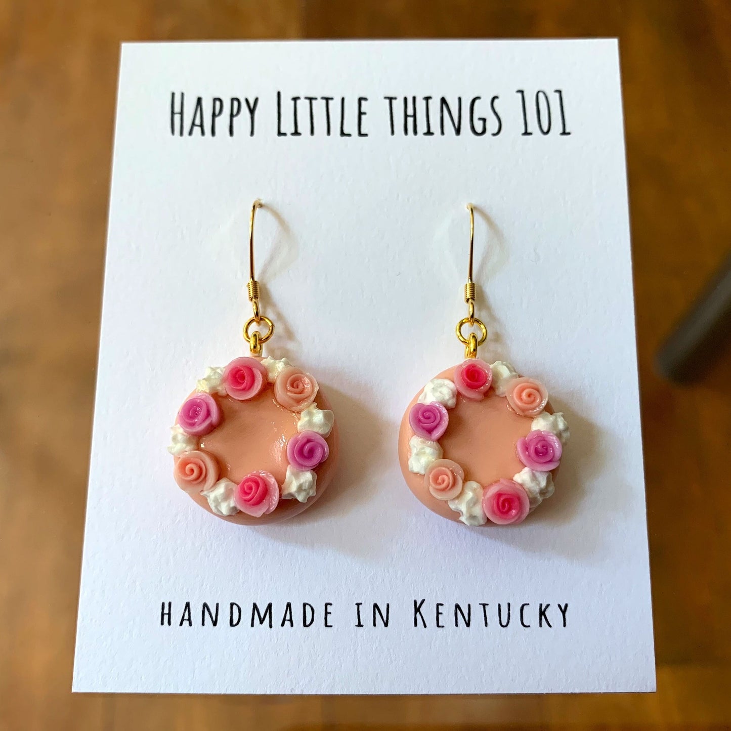 Pink Rose Cake Drop Earrings, Miniature Cake Dangle Earrings, Rose Cake Earrings, Pastel Pink Cake Earrings, 18K Gold Plated, Free Gift