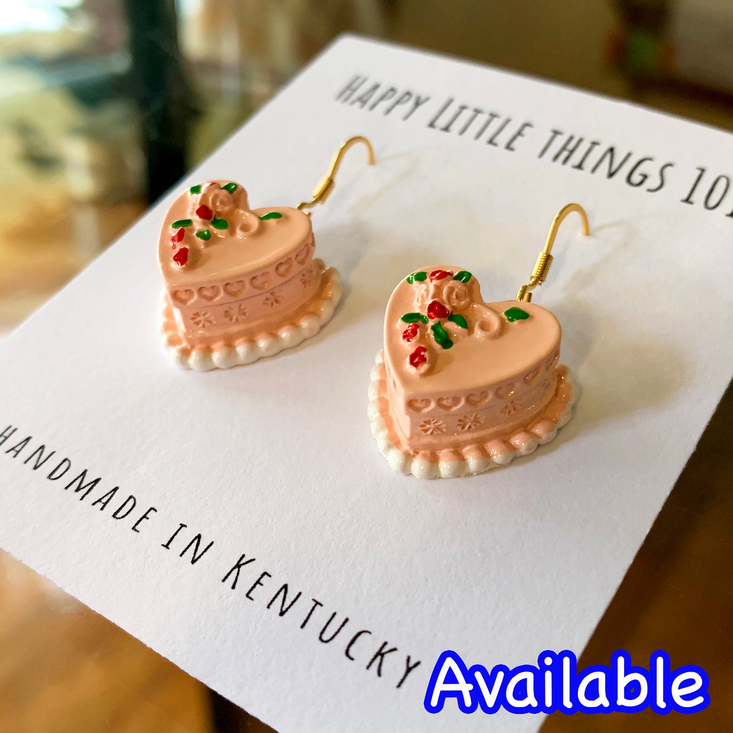 Pink Rose Cake Drop Earrings, Miniature Cake Dangle Earrings, Rose Cake Earrings, Pastel Pink Cake Earrings, 18K Gold Plated, Free Gift