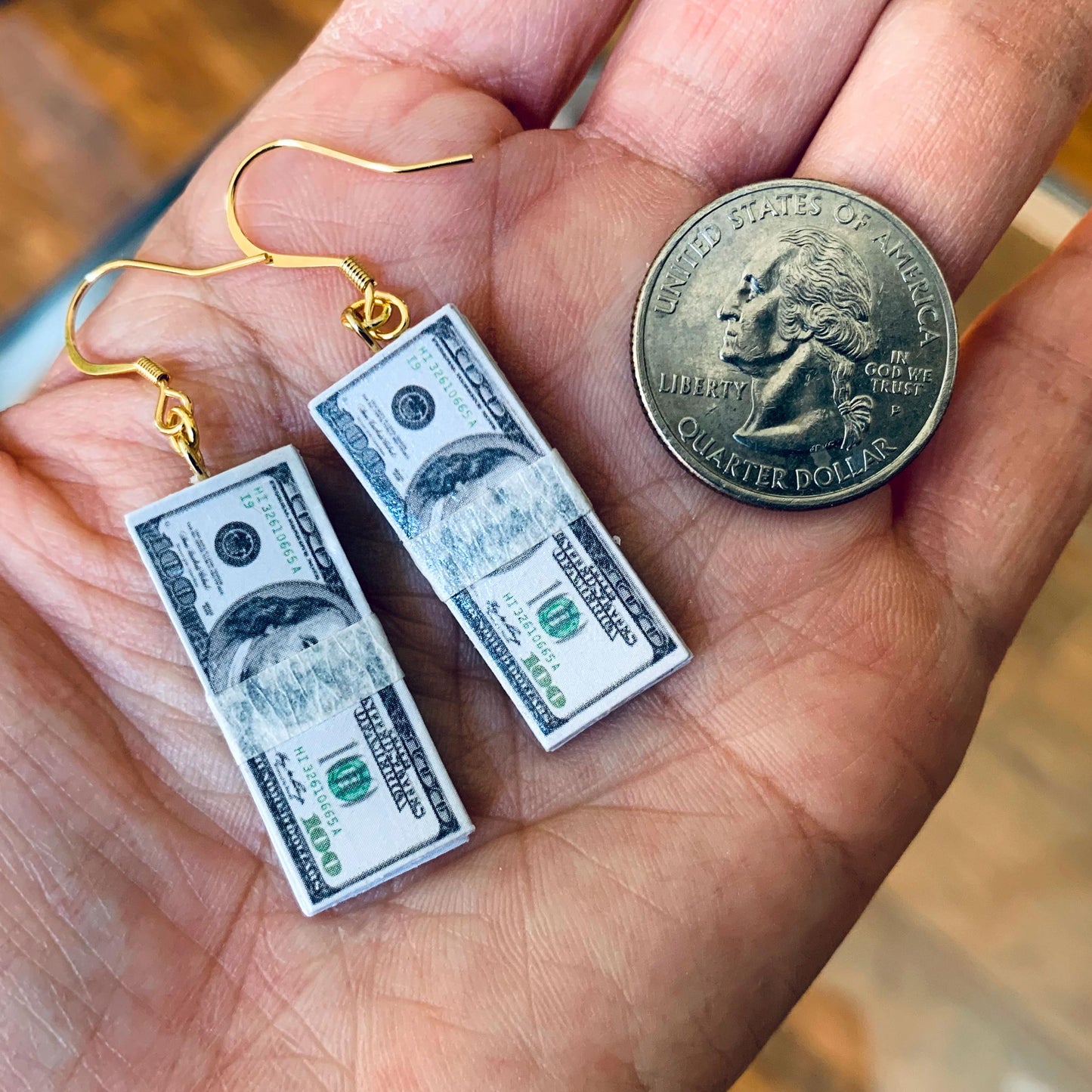 100 Dollar Bill Dangle Earrings, Money Drop Earrings, Fun Gift Earrings, Benjamin Franklin Earrings, Silly Gifts, 18K Gold Plated, Free Gift