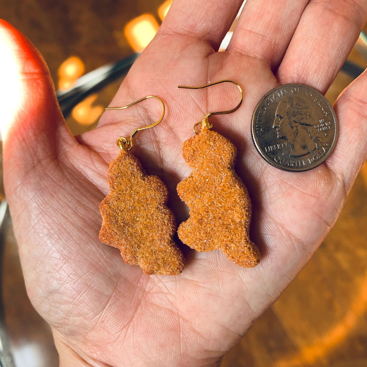 Dino Chicken Nugget Dangle Earrings, Tyrannosaurus & Stegosaurus Nugget Earrings, Chicken Nugget Earrings, 18K Gold Plated, Free Gift