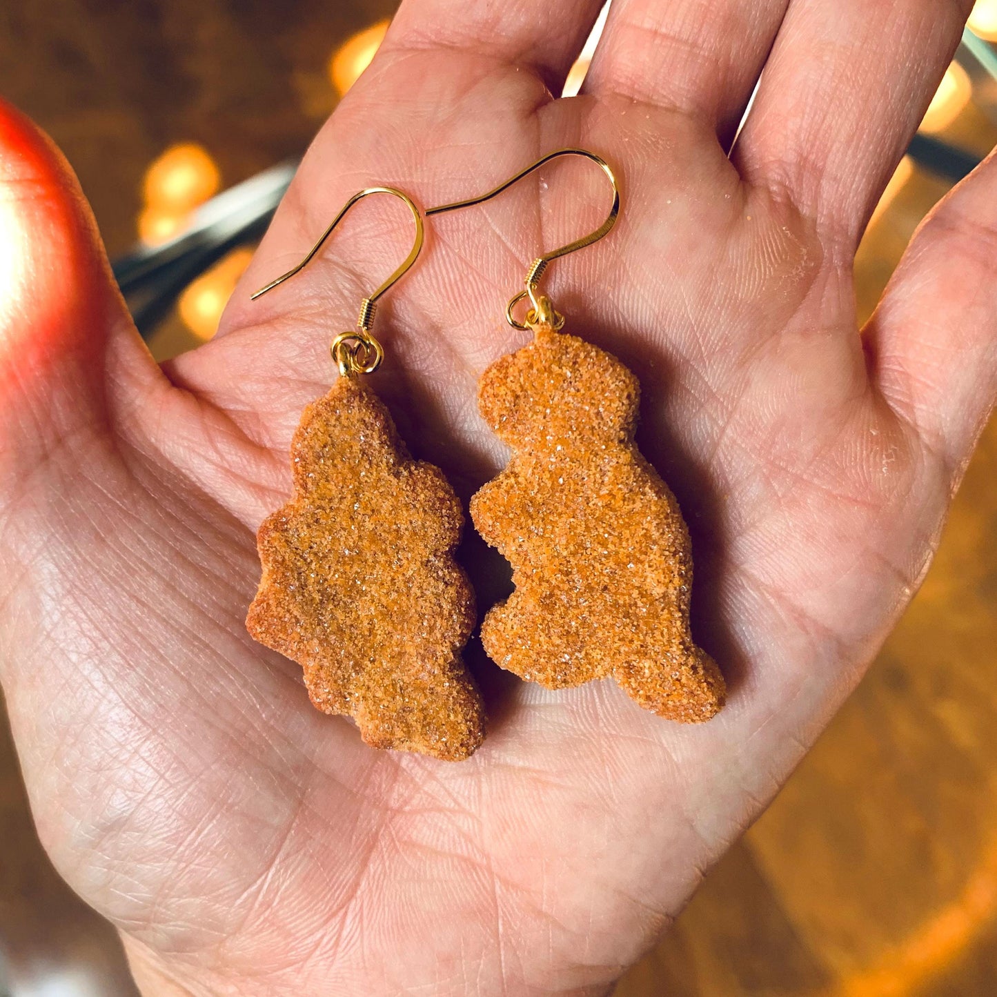 Dino Chicken Nugget Dangle Earrings, Tyrannosaurus & Stegosaurus Nugget Earrings, Chicken Nugget Earrings, 18K Gold Plated, Free Gift