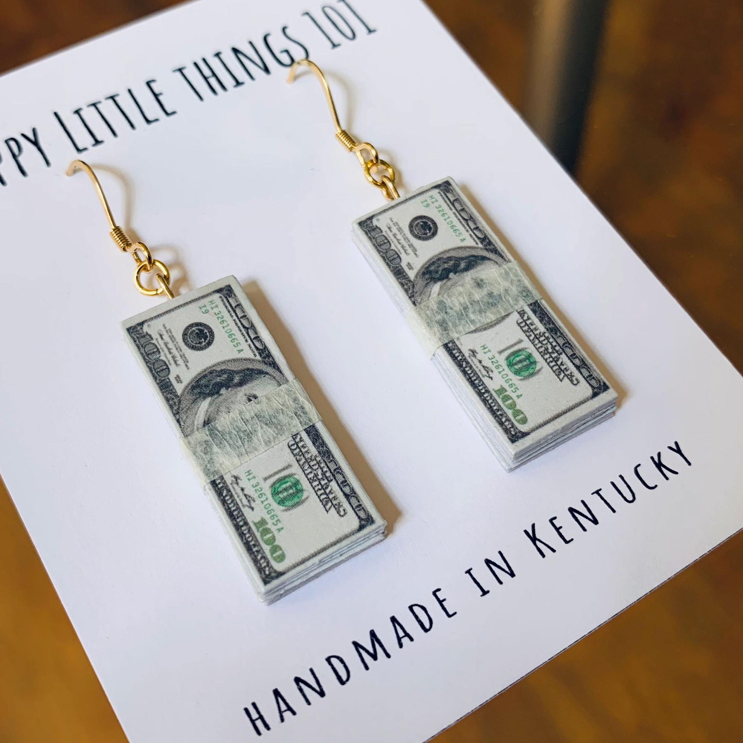 100 Dollar Bill Dangle Earrings, Money Drop Earrings, Fun Gift Earrings, Benjamin Franklin Earrings, Silly Gifts, 18K Gold Plated, Free Gift