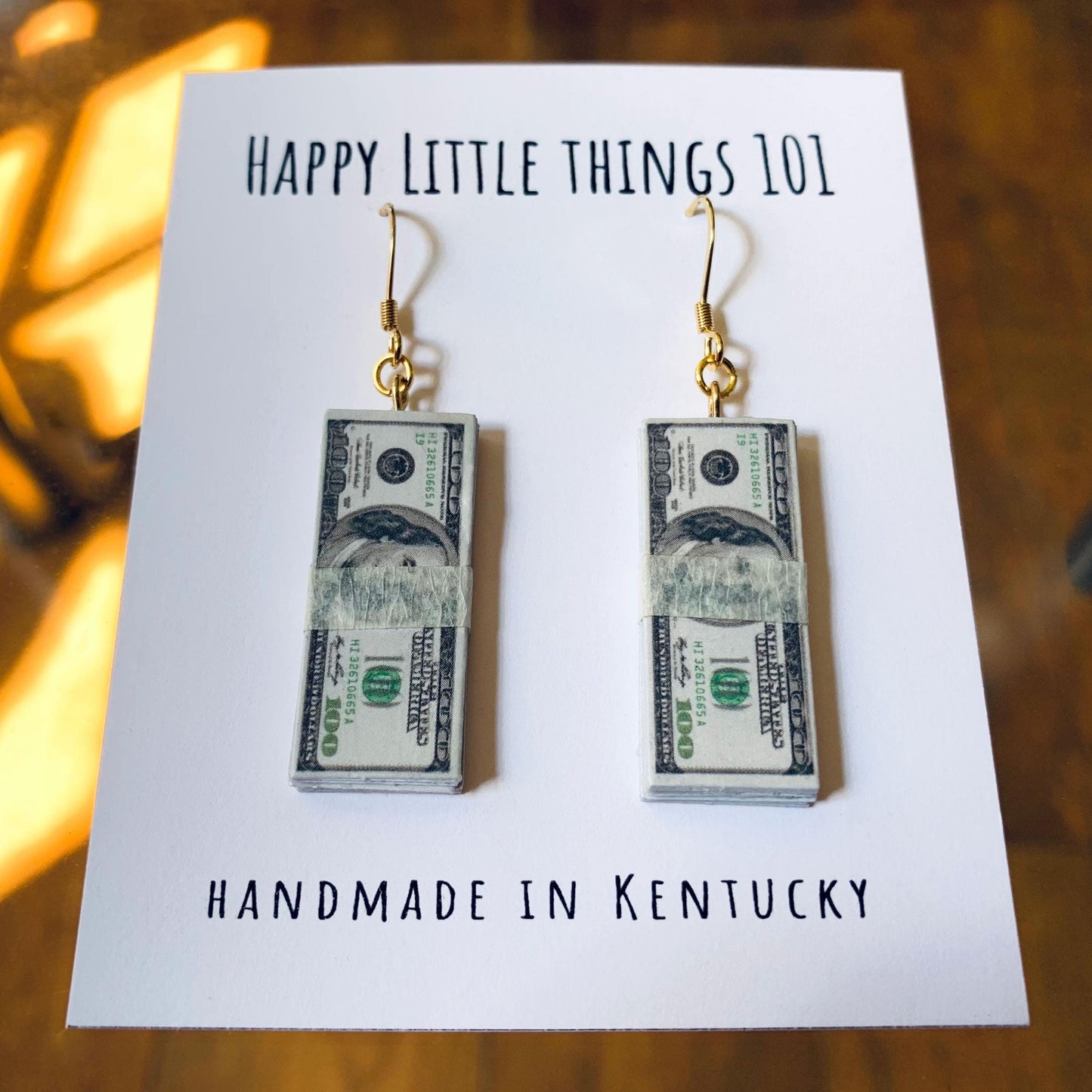 100 Dollar Bill Dangle Earrings, Money Drop Earrings, Fun Gift Earrings, Benjamin Franklin Earrings, Silly Gifts, 18K Gold Plated, Free Gift