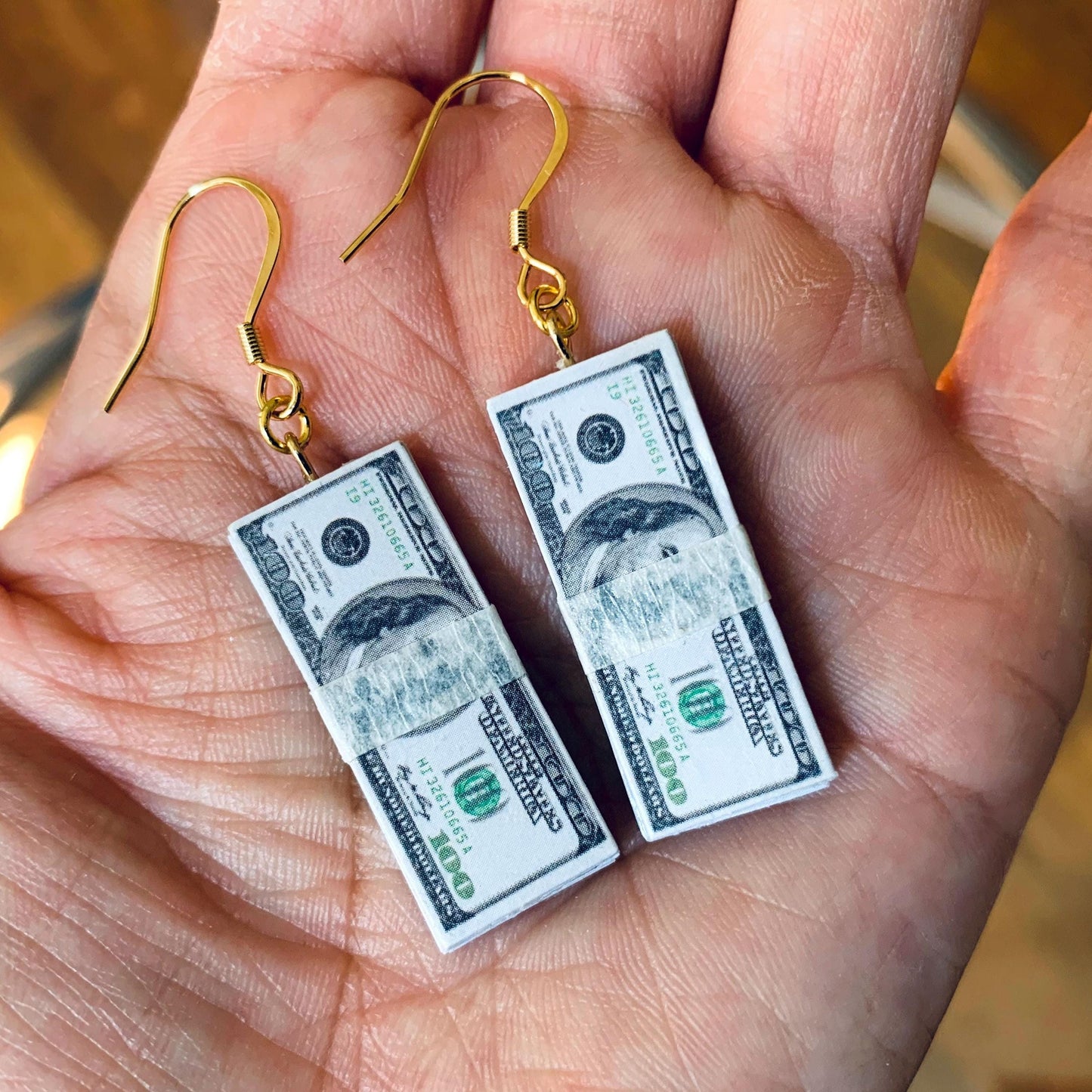 100 Dollar Bill Dangle Earrings, Money Drop Earrings, Fun Gift Earrings, Benjamin Franklin Earrings, Silly Gifts, 18K Gold Plated, Free Gift