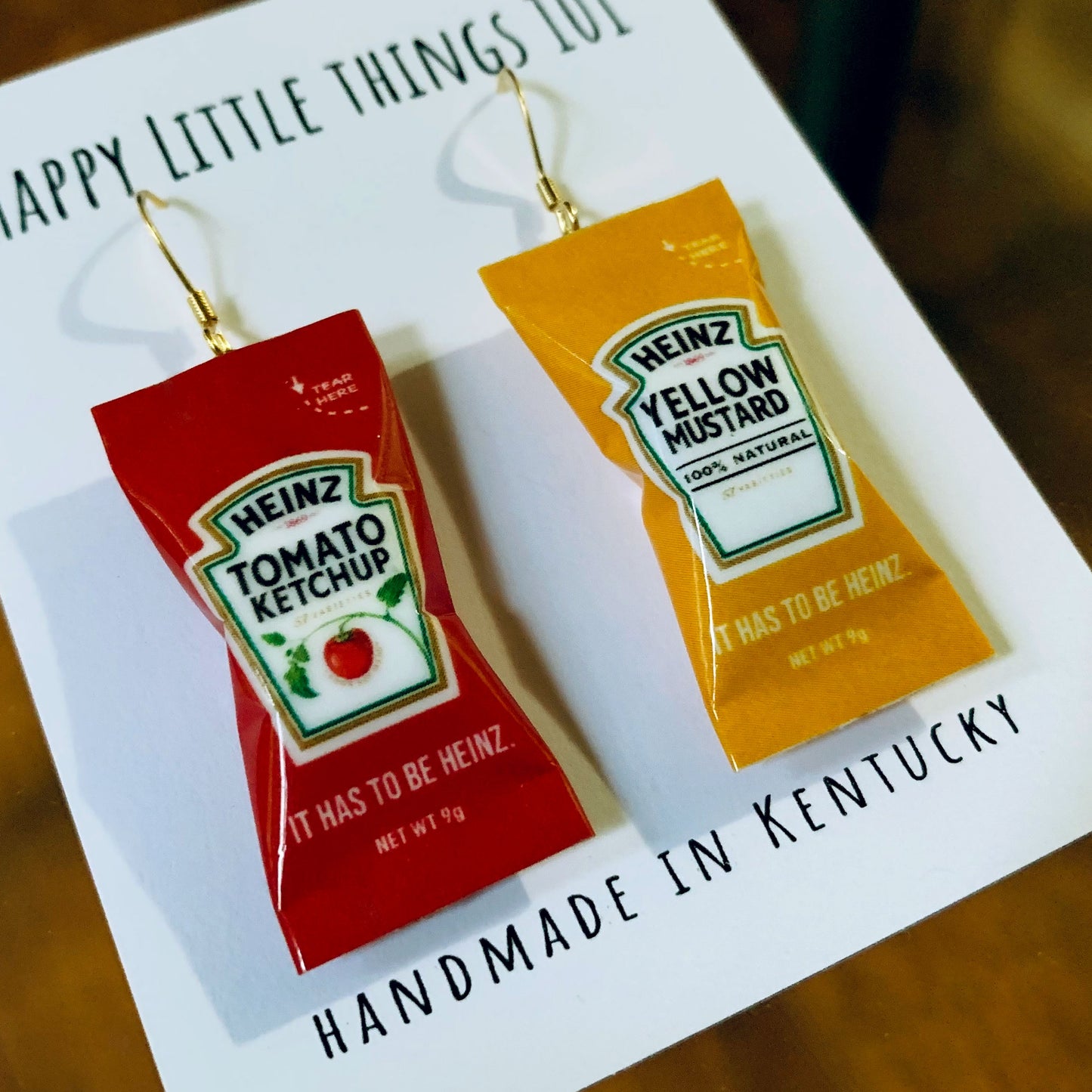 Ketchup & Mustard Dangle Earrings, Ketchup Drop Earrings, Fun Earrings, Hot Dog Party Earrings, Earrings for BBQ Party, 18K Gold Plated, Free Gift