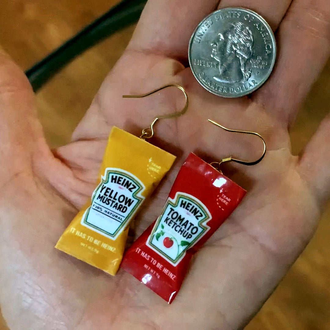 Ketchup & Mustard Dangle Earrings, Ketchup Drop Earrings, Fun Earrings, Hot Dog Party Earrings, Earrings for BBQ Party, 18K Gold Plated, Free Gift