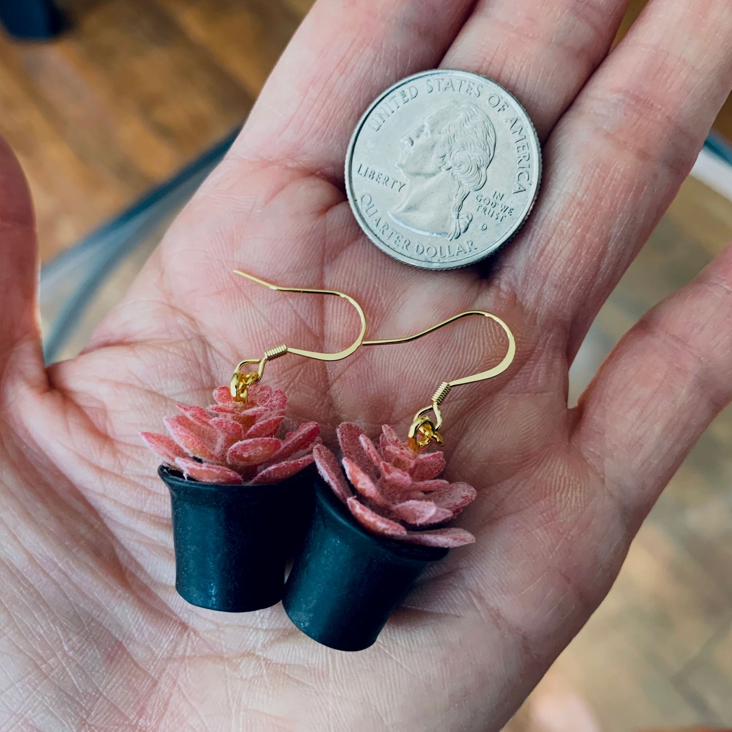 Mini Red Plant Dangle Earrings, MIni Succulent Drop Earrings, Gifts for Plant Lovers, Miniature Earrings, 18K Gold Plated, Free Gift