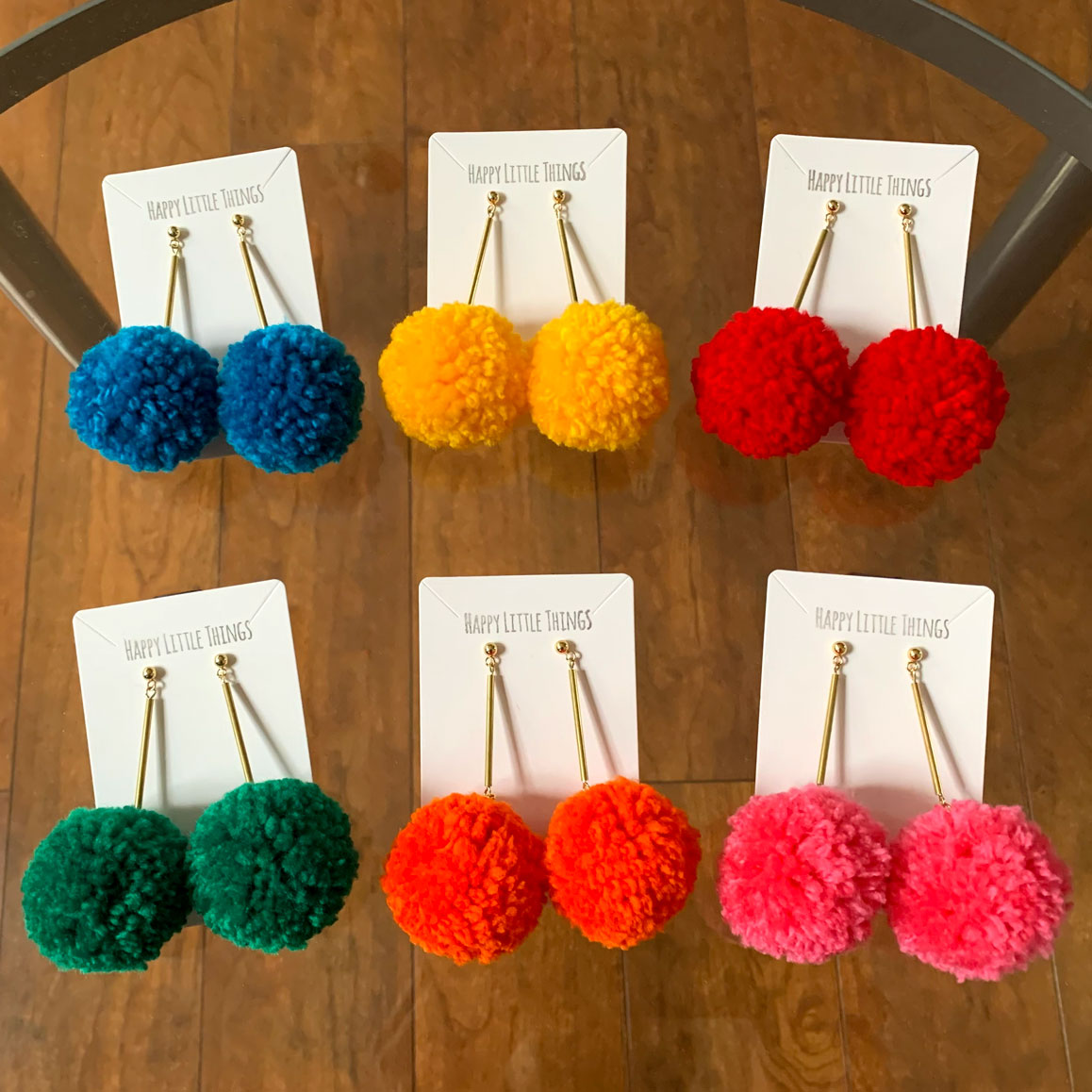 Handmade Pom Pom Dangle Earrings, Pom Pom Brass Tube Earrings, Fun Party Earrings, Colorful Yarn Earrings, Made to Order Earrings, Free Gift