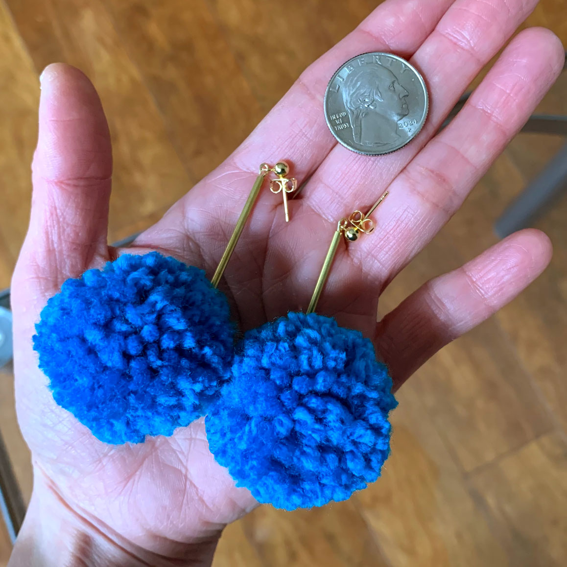 Handmade Pom Pom Dangle Earrings, Pom Pom Brass Tube Earrings, Fun Party Earrings, Colorful Yarn Earrings, Made to Order Earrings, Free Gift
