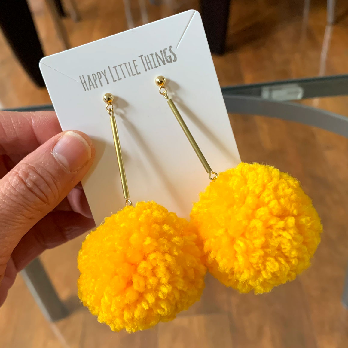 Handmade Pom Pom Dangle Earrings, Pom Pom Brass Tube Earrings, Fun Party Earrings, Colorful Yarn Earrings, Made to Order Earrings, Free Gift