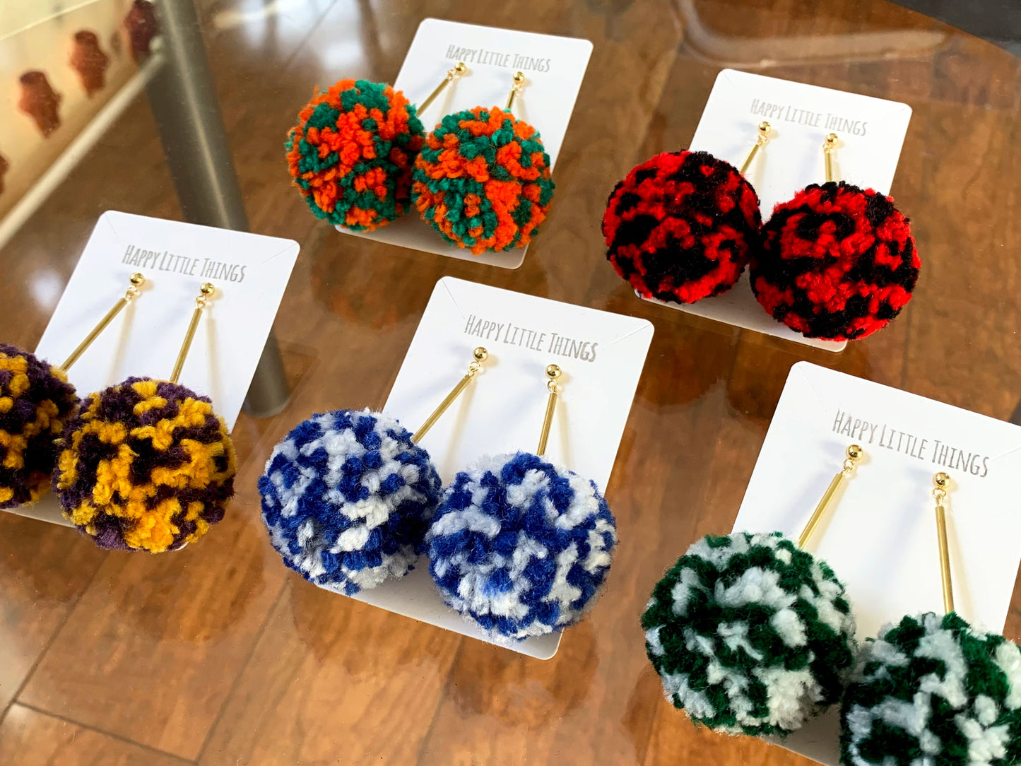 College Cheerleader Dangle Earrings, Handmade Pom Pom Drop Earrings, Pom Pom Brass Tube Earrings, School Game Day Earrings, Free Gift