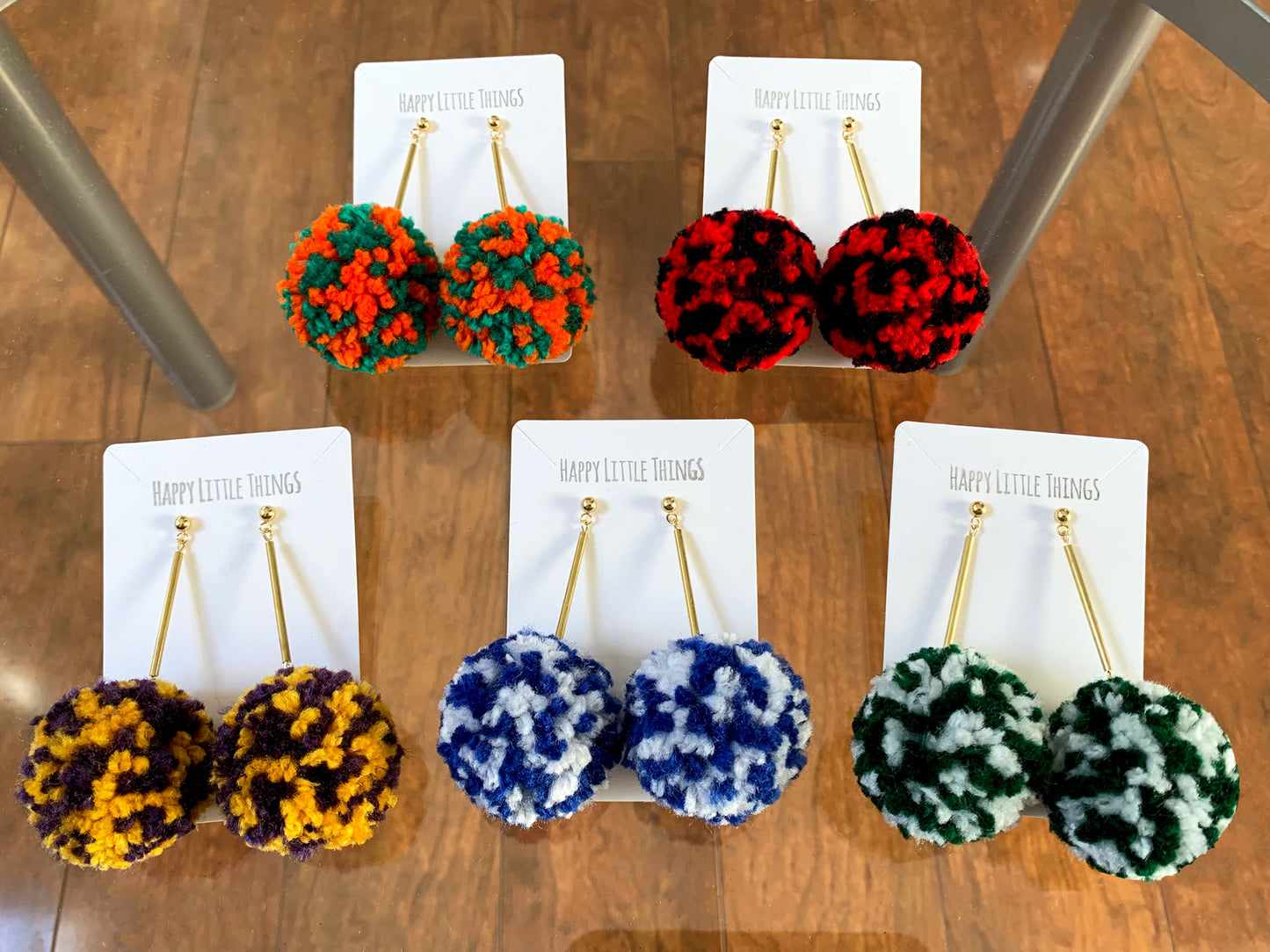 College Cheerleader Dangle Earrings, Handmade Pom Pom Drop Earrings, Pom Pom Brass Tube Earrings, School Game Day Earrings, Free Gift