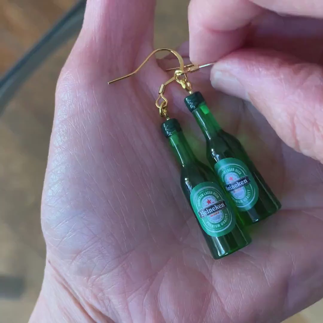 Miniature Beer Bottle Earrings, Beer Lover Gift, Fun Gifts for Her, Green Beer Bottle Earrings, 18K Gold Plated Earrings, Free Gift Box
