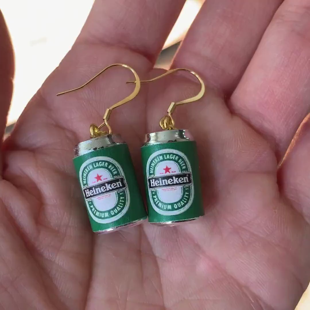 Miniature Beer Can Earrings, Beer Lover Gift, Fun Gifts for Her, Green Beer Can Earrings, 18K Gold Plated Earrings, Free Gift Box